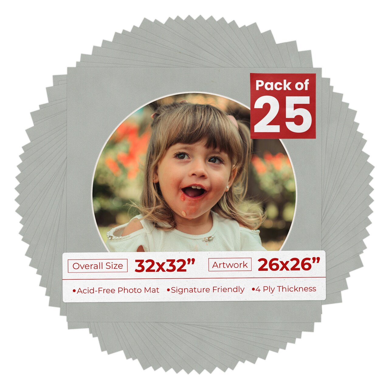 Light Grey Suede Mat Board for 32x32 Frames - Circle Opening for 26x26 Photos